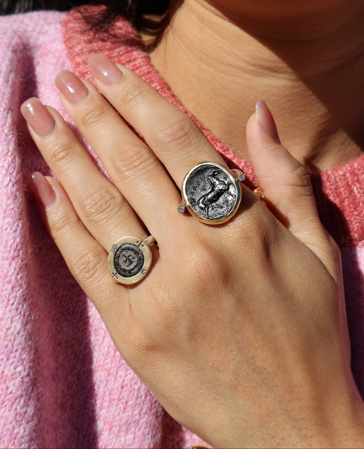 18k yellow gold and sterling silver roman coin byzantine cross ring by Kiaia Tiny Gods