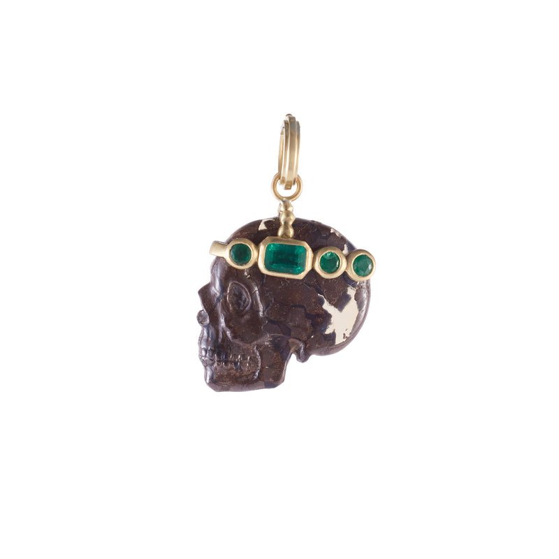 18k yellow gold and emerald King opal carved skull pendant by Sylva & Cie Tiny Gods