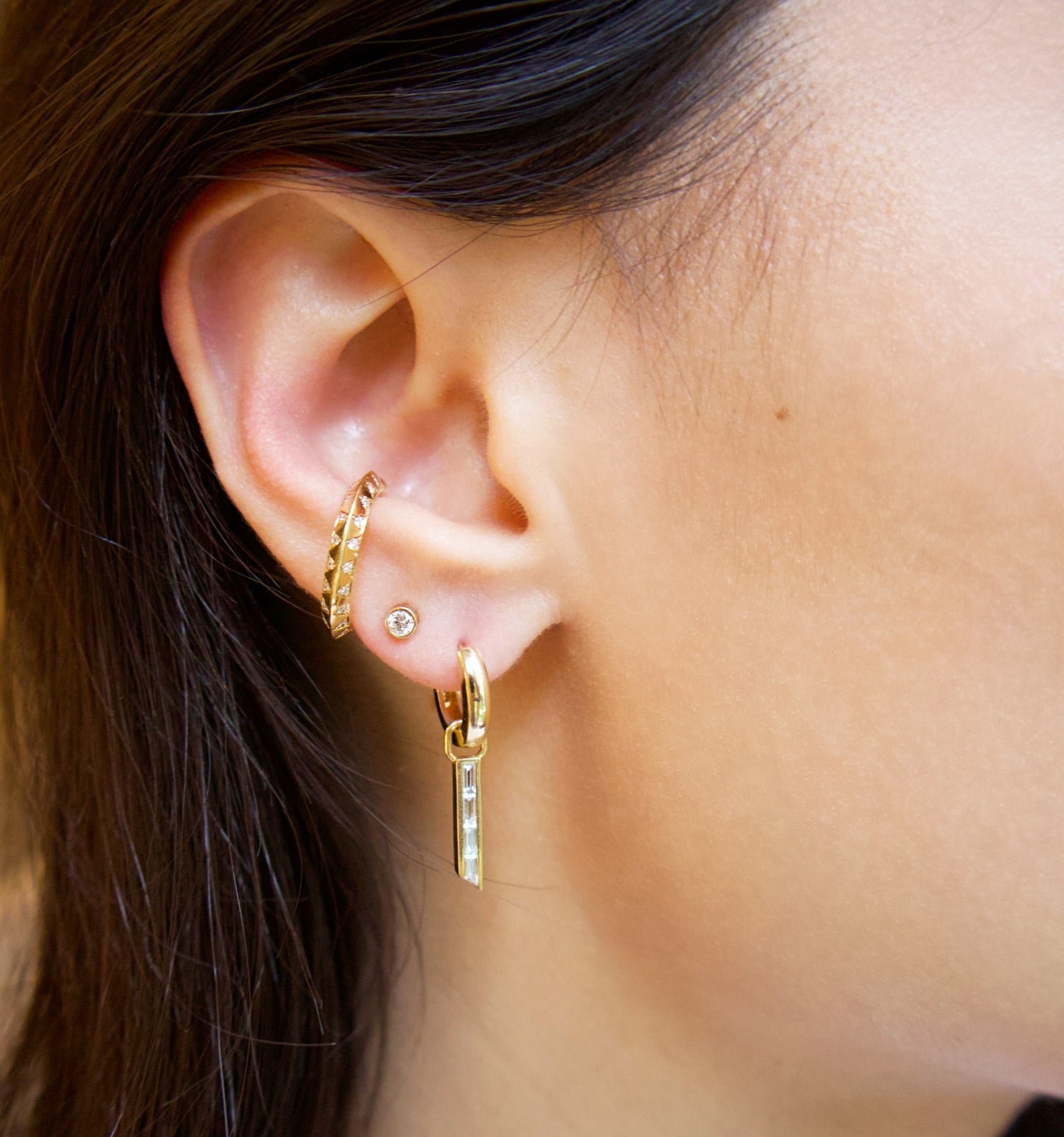 18k yellow gold pyramid knife edge skinny talisman round ear cuff by Harwell Godfrey Tiny Gods 