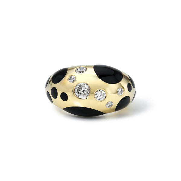 14k yellow gold diamond and black onyx polka dot bomba dome ring by Retrouvai Tiny Gods