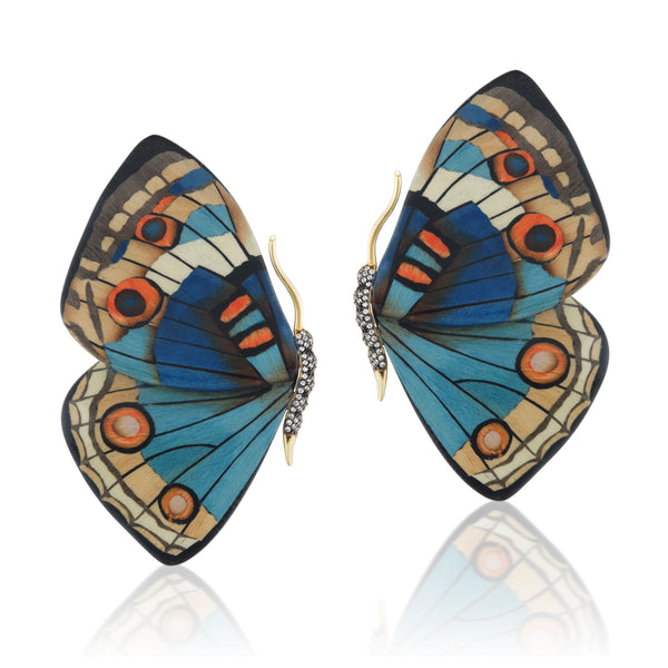 18k yellow gold large blue butterfly marquetry earrings by Silvia Furmanovich Tiny Gods