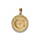 18k yellow gold large diamond pave crescent cosmic coin pendant by Azlee Tiny Gods