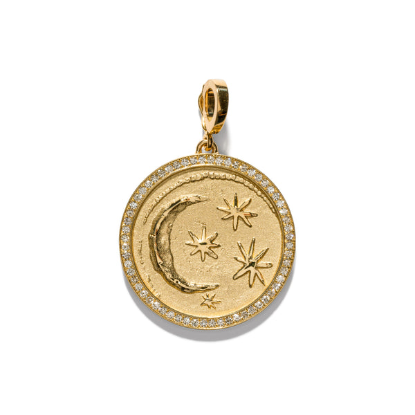 18k yellow gold large diamond pave crescent cosmic coin pendant by Azlee Tiny Gods