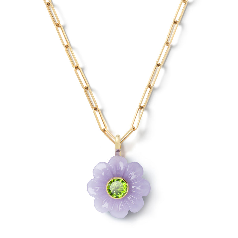 14k yellow gold large daisy pendant with yttrium fluorite and peridot by Sophie Joanne Tiny Gods