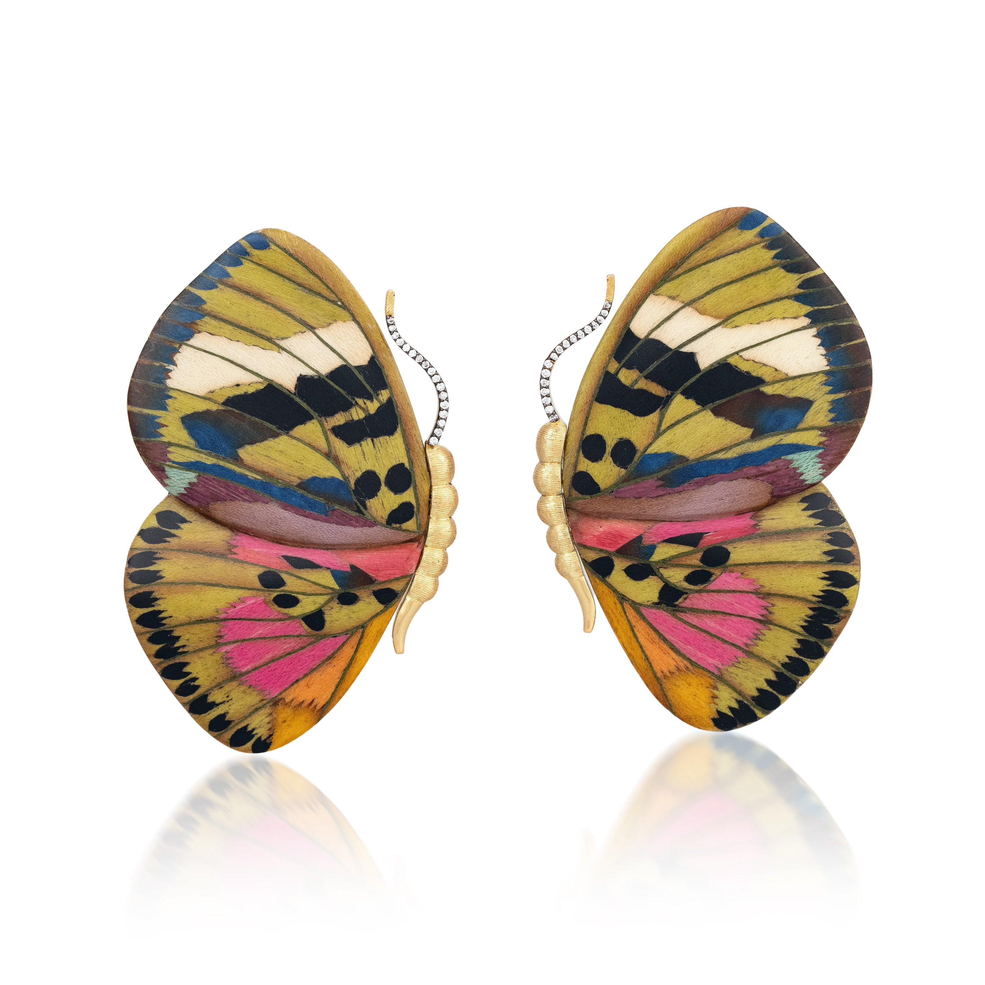18k yellow gold green and pink mixed color butterfly wing large earrings marquetry by Silvia Furmanovich Tiny Gods 