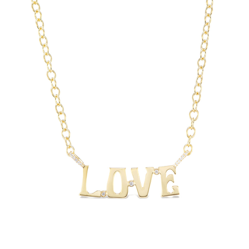 14k yellow gold large Love nameplate necklace by Marlo Laz Tiny Gods