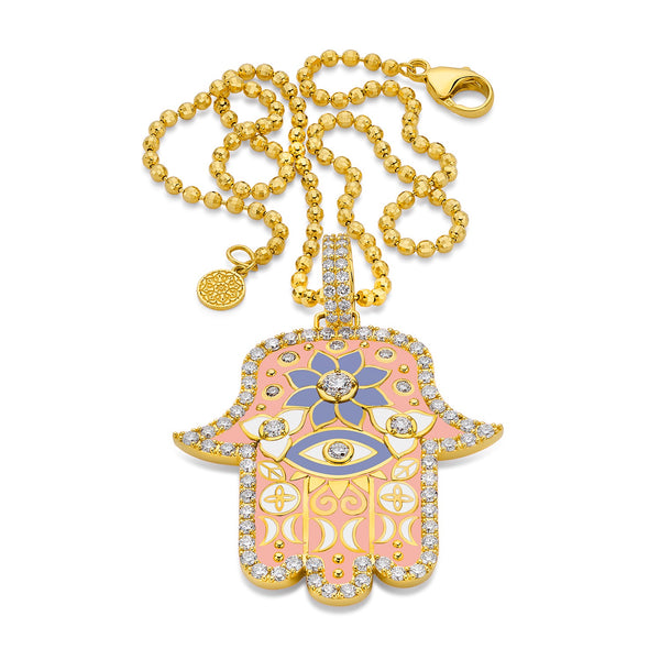 20k yellow gold large pink enamel hamsa pendant by Buddha Mama Tiny Gods