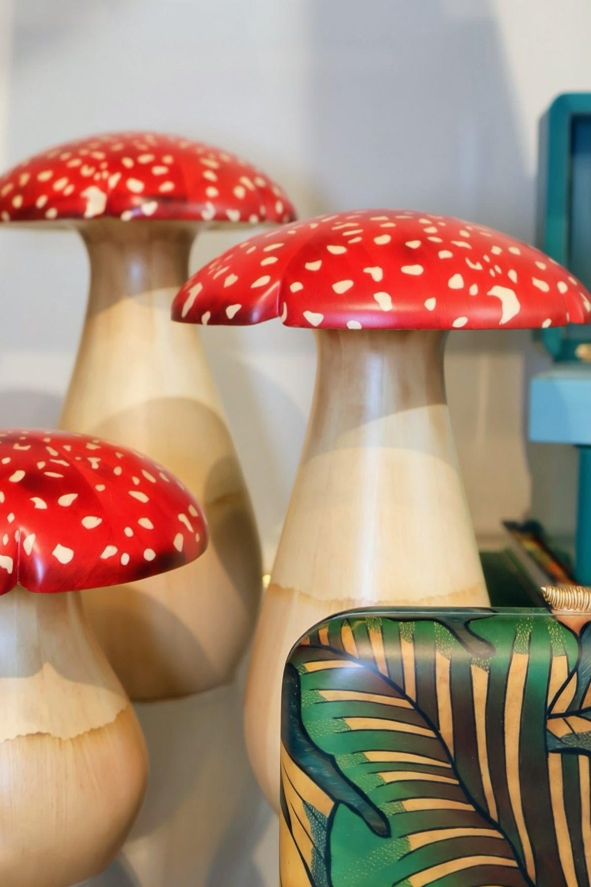 red spotted wood marquetry home decor mushroom by Silvia Furmanovich Tiny Gods 