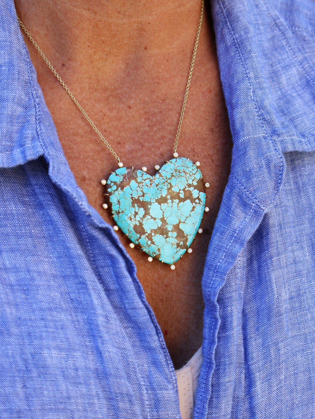 18k yellow gold large turquoise heart pendant with diamond border necklace by Suzy Landa Tiny Gods 