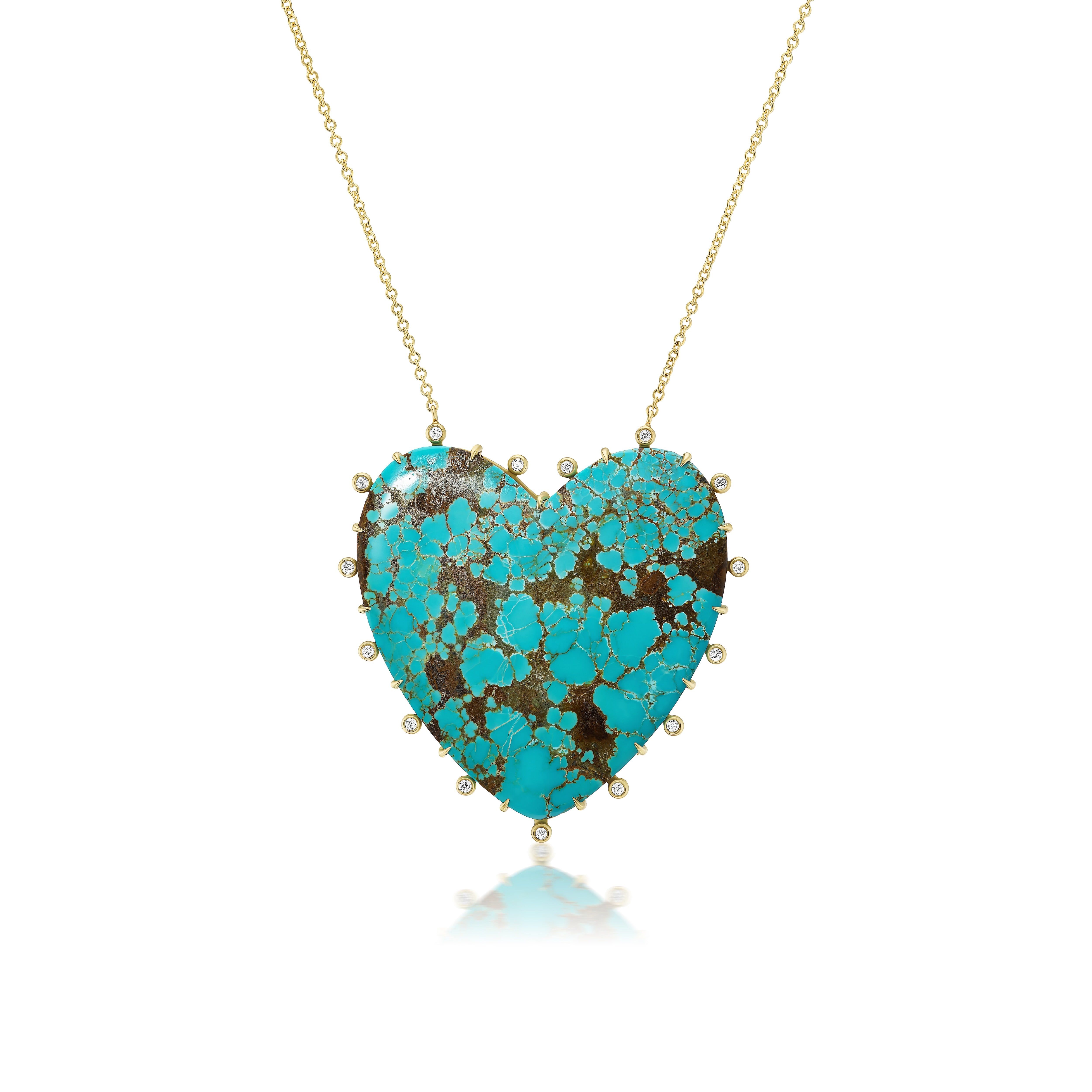 18k yellow gold large turquoise heart pendant with diamond border necklace by Suzy Landa Tiny Gods 