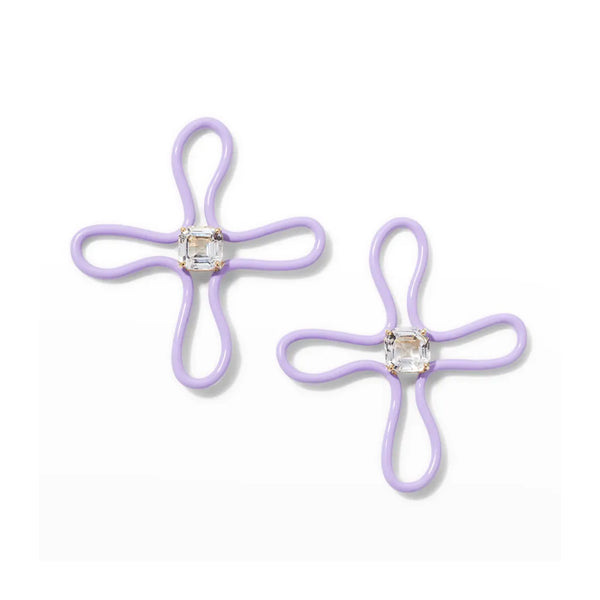 9k yellow gold with lavender enamel rock crystal lucky flower power hoops by Bea Bongiasca Tiny Gods