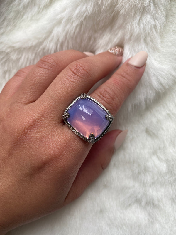 18k white gold black rhodium diamond lavender cabochon moon quartz ring by Goshwara Tiny Gods model