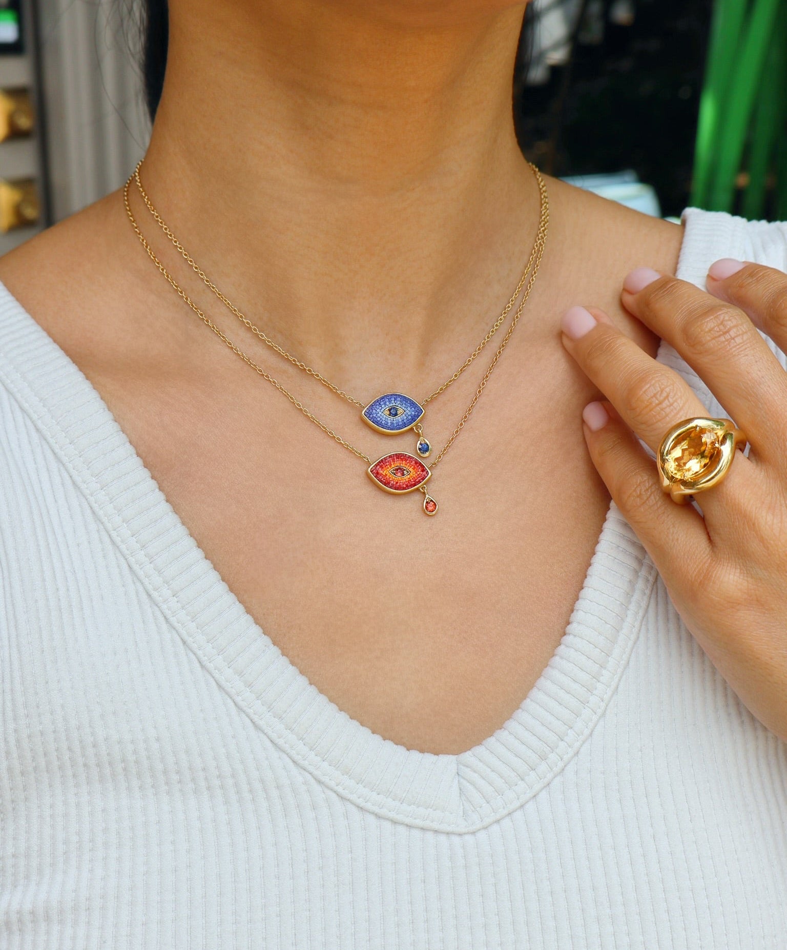 18k yellow gold blue ombre evil eye teardrop pendant necklace by Le Sibille Tiny Gods 