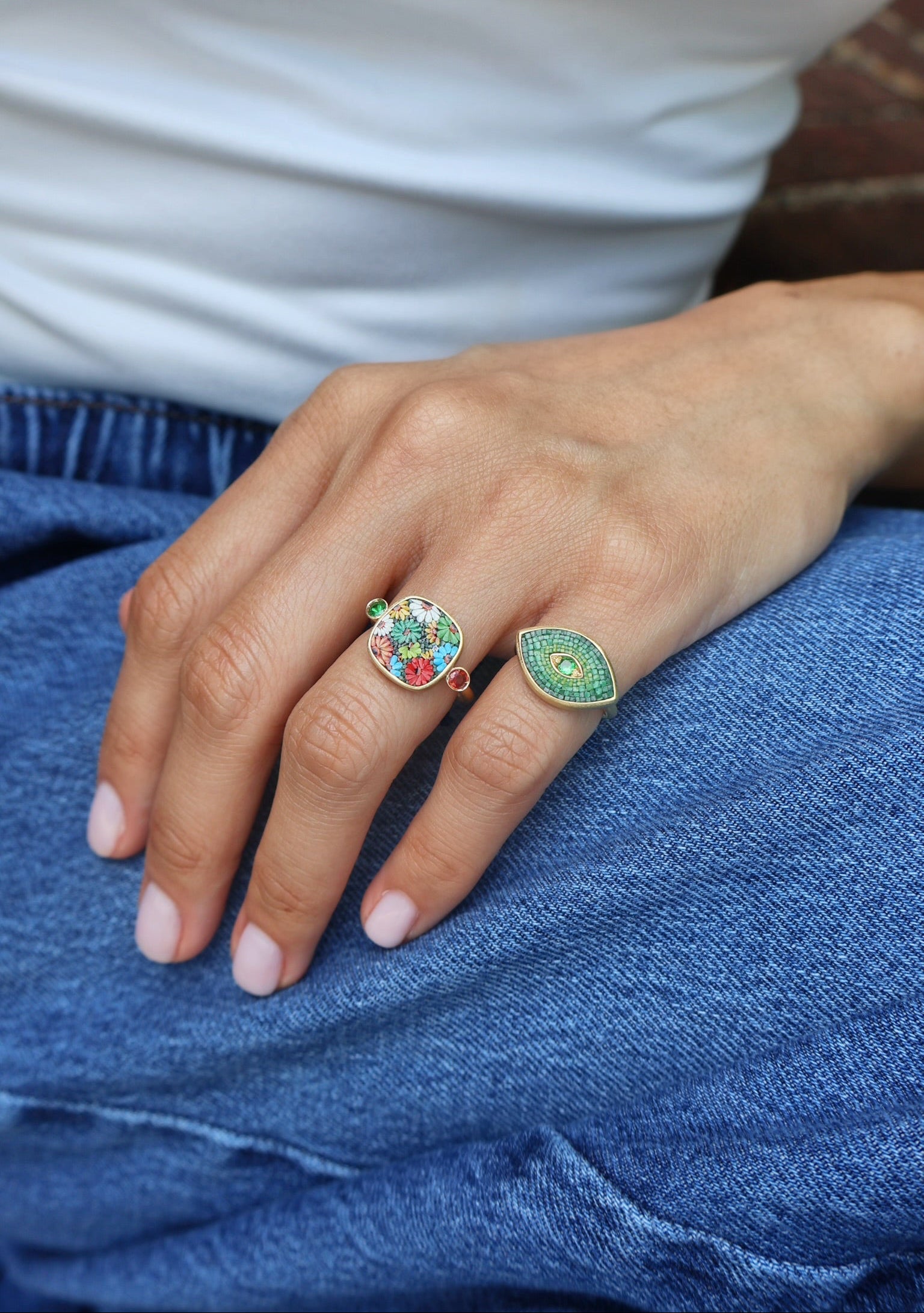 18k yellow gold green ombre evil eye micro mosaic ring by Le sibillle Tiny Gods 