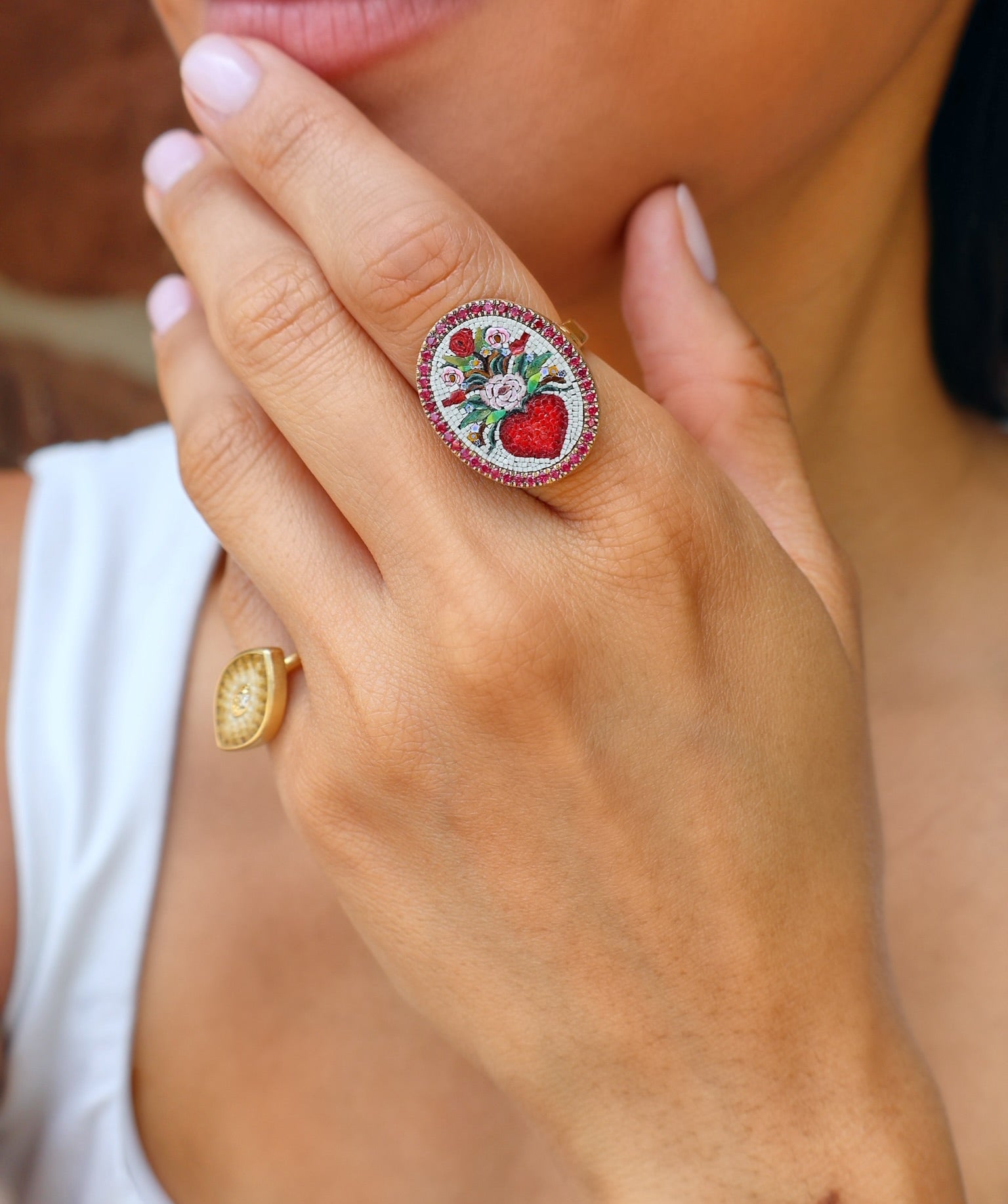 18k yellow gold ruby red heart and flower oval ring with micro mosaic by Le Sibille Tiny Gods 