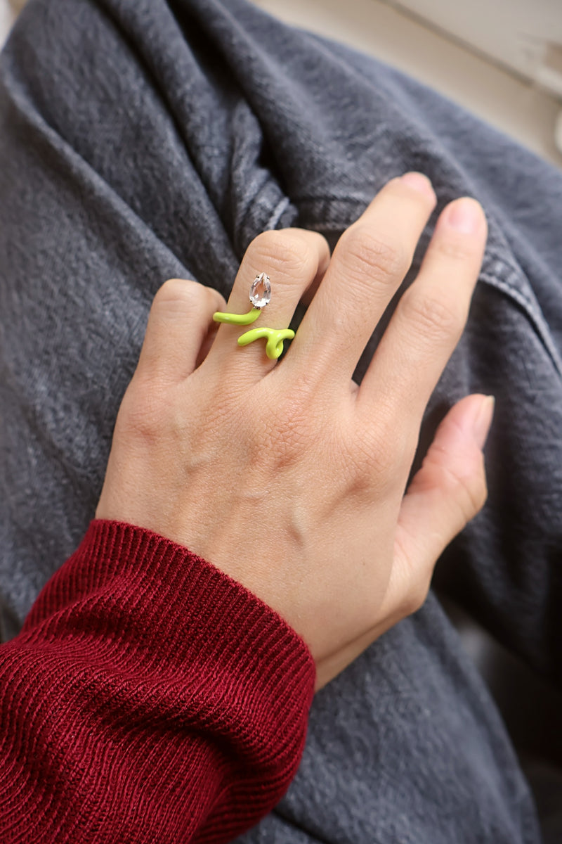 9k yellow gold pear cut drop rock crystal lime green baby vine ring by Bea Bongiasca Tiny Gods