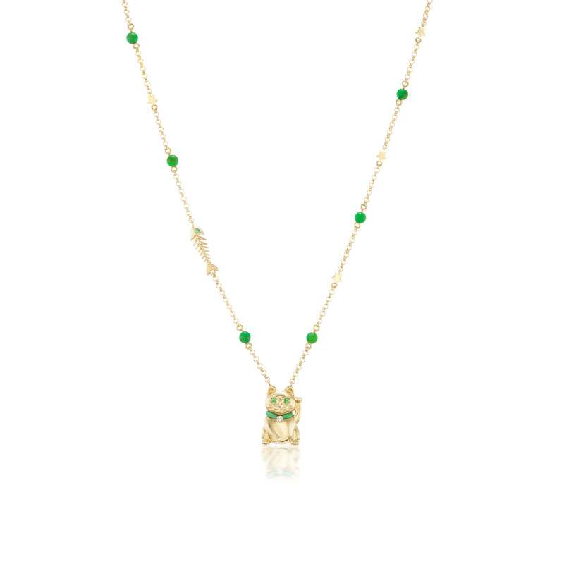 18k yellow gold lucky cat fishbone necklace by Boochier Tiny Gods