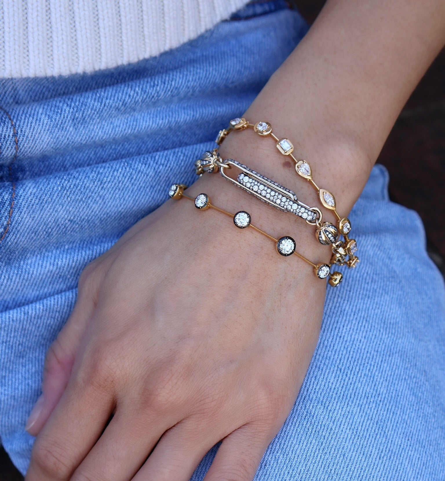 14k yellow gold diamond antique black rhodium stirrup bracelet rolo link bracelet by Lucy Delius Tiny Gods 