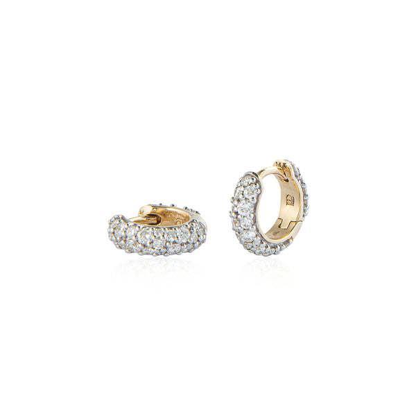 14k yellow gold diamond pave chubby huggies with white rhodium modern finish plating by Lucy Delius Tiny Gods