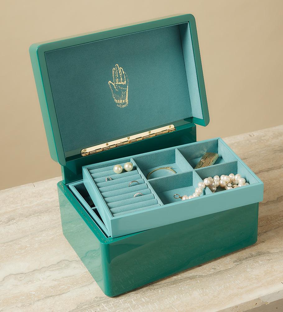 Malachite green enamel and brass trunk with three levels for jewelry box by Trove Tiny Gods 