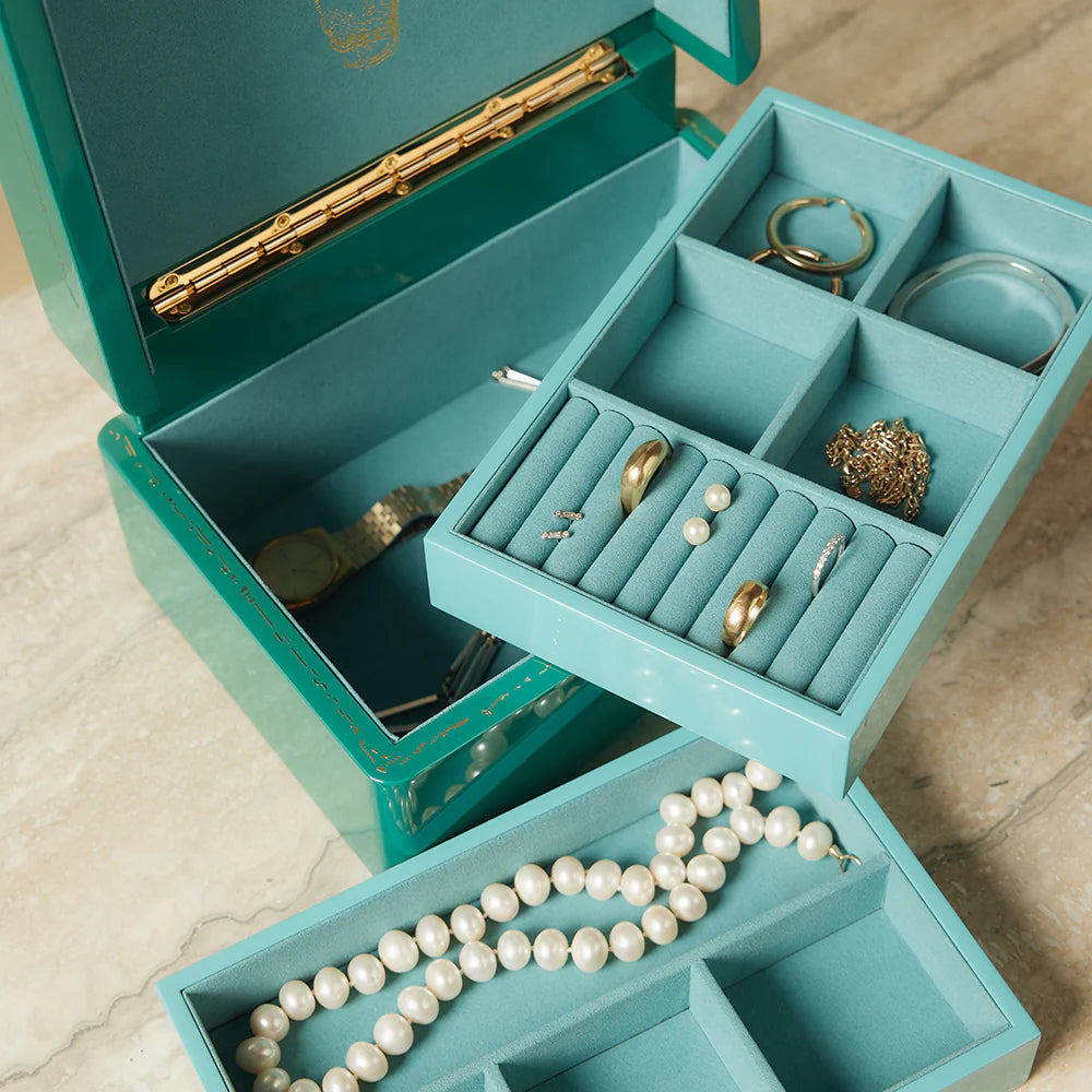 Malachite green enamel and brass trunk with three levels for jewelry box by Trove Tiny Gods 