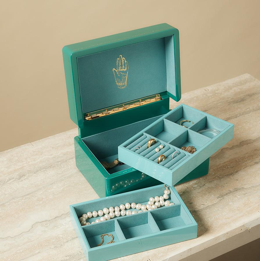 Malachite green enamel and brass trunk with three levels for jewelry box by Trove Tiny Gods 