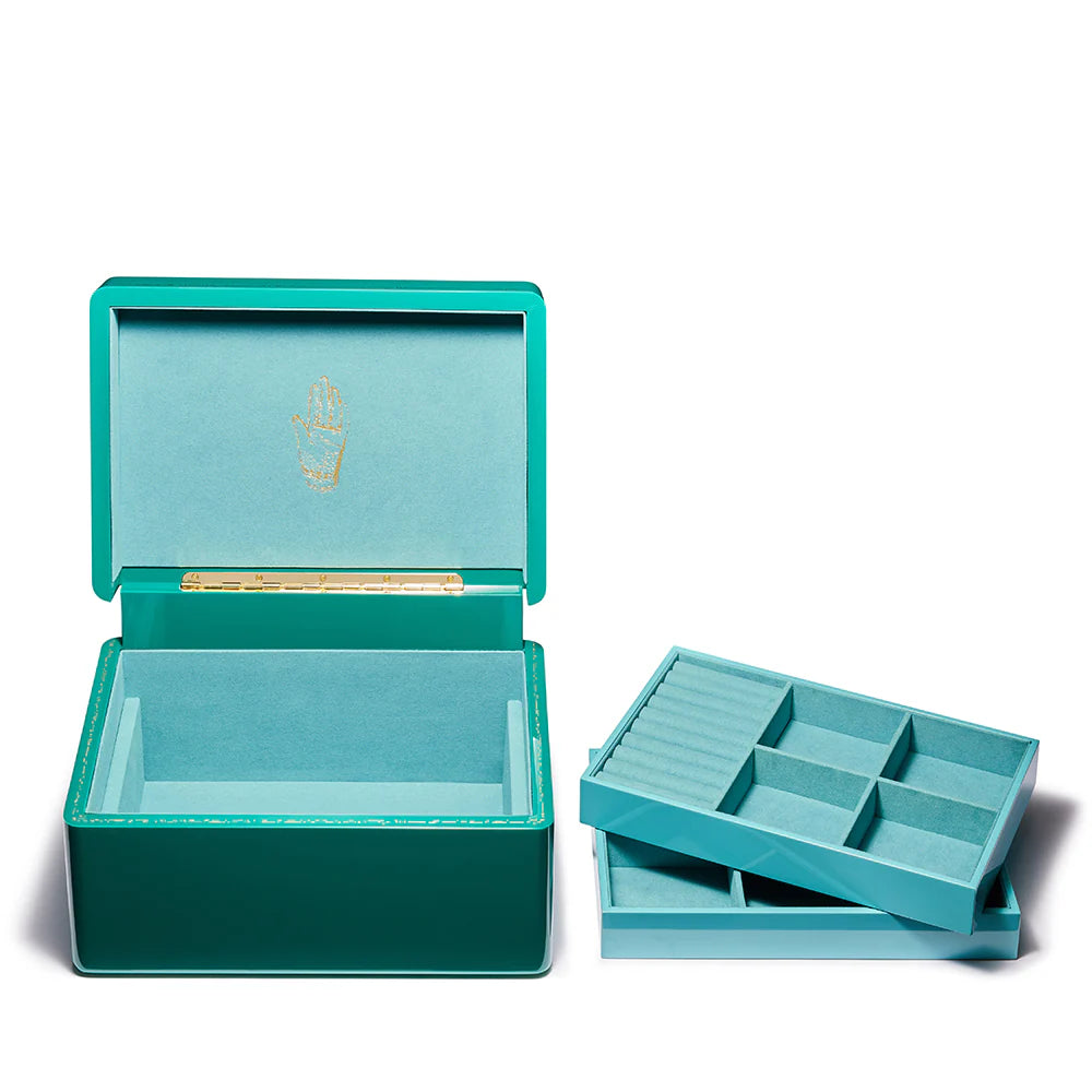 Malachite green enamel and brass trunk with three levels for jewelry box by Trove Tiny Gods 