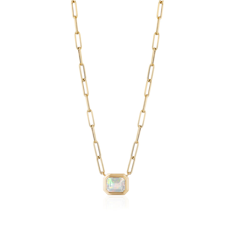 opal emerald cut Manhattan cut bezel yellow gold goshwara