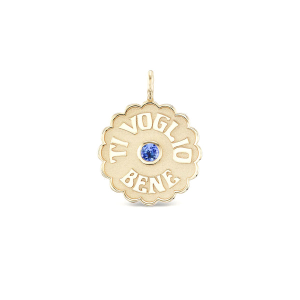 14k yellow gold large Ti Voglio Bene charm pendant with raised gold and tanzanite love token by Marlo Laz Tiny Gods