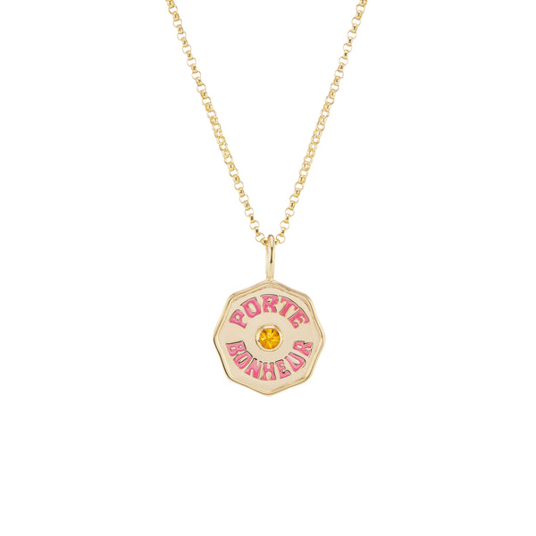 14k yellow gold mini porte bonheur charm with citrine and hot pink enamel by Marlo Laz Tiny Gods