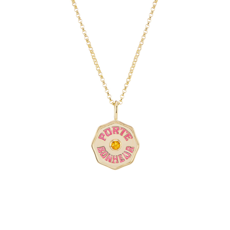 14k yellow gold mini porte bonheur charm with citrine and hot pink enamel by Marlo Laz Tiny Gods