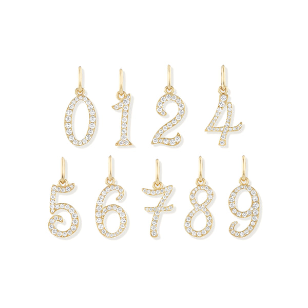 14k yellow gold diamond pave custom bespoke number charms by Marlo Laz Tiny Gods