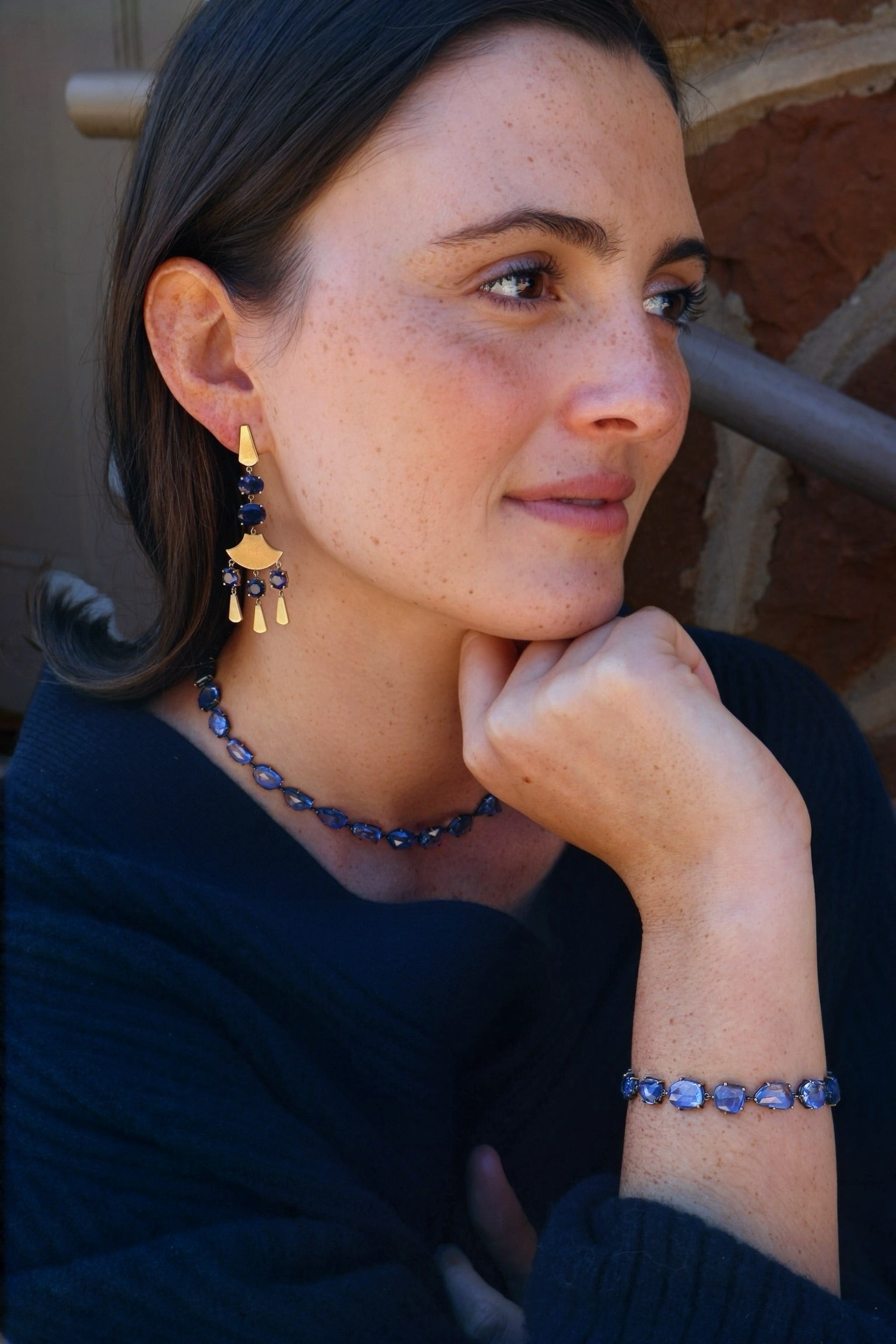 18k yellow gold iolite Maya gold dangle drop earrings by Sylva & Cie Tiny Gods 