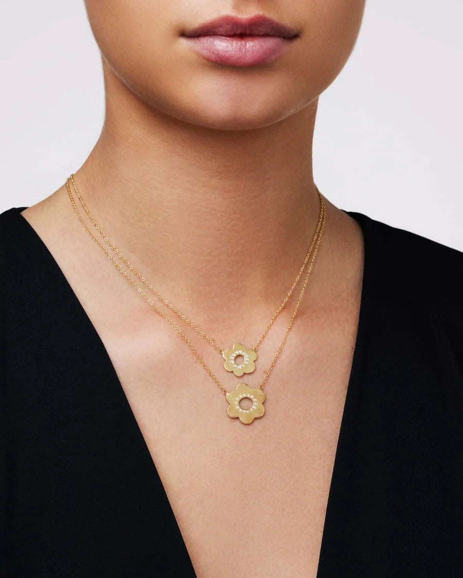 18k yellow gold medium diamond daisy flower pendant necklace by Christina Alexiou Tiny Gods 