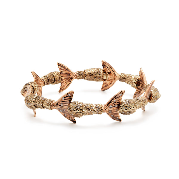 18k rose and yellow gold mermaid tail bracelet with diamonds by Bibi Van Der Velden Tiny Gods