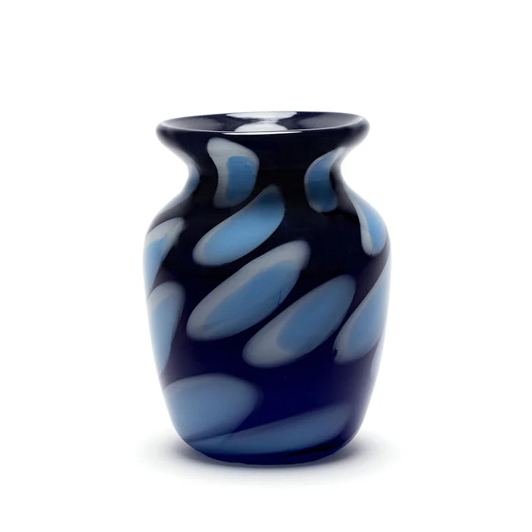 midnight blue glass hand blown vase with white and sky blue spots by Paul Arnhold Tiny Gods 