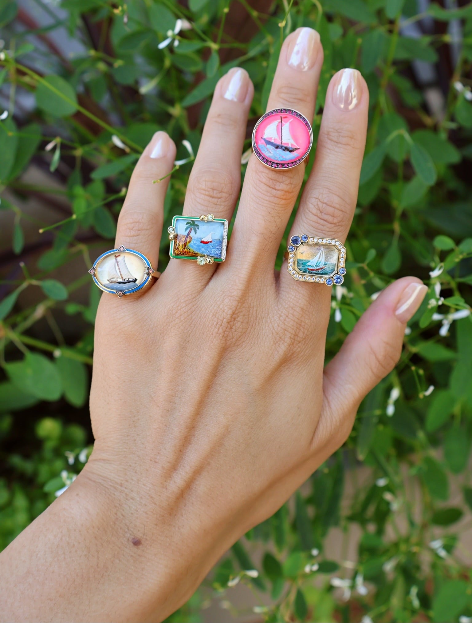 mini blue sapphire and diamond hand painted Essex crystal sailboat ring Francesca villa tiny gods 