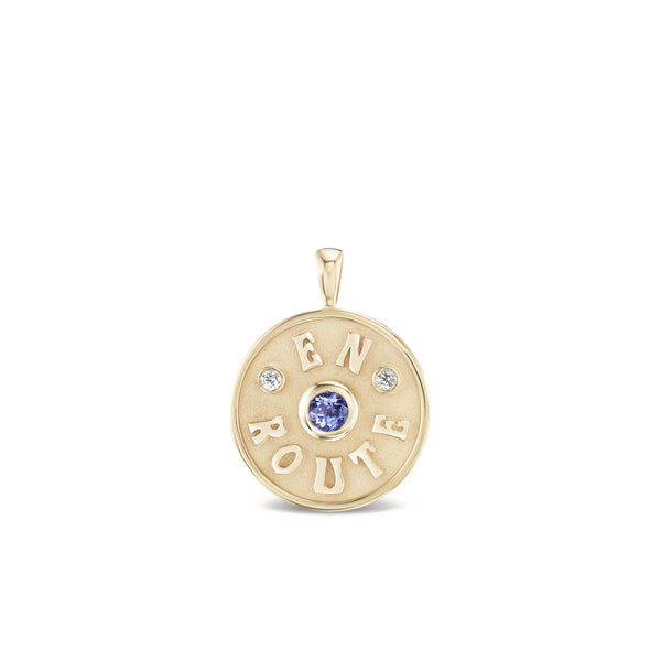 14k yellow gold en route raised gold with tanzanite pendant by Marlo Laz tiny gods