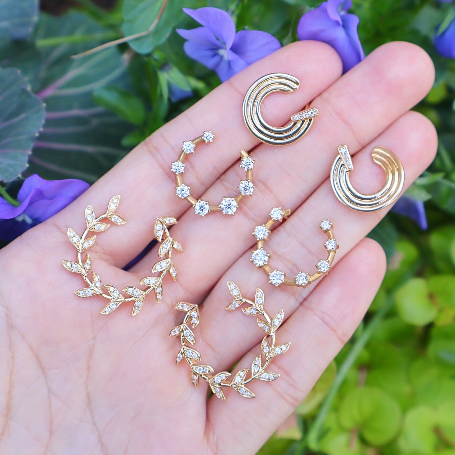 18k yellow gold mini record diamond crescent earrings by Sorellina Tiny Gods