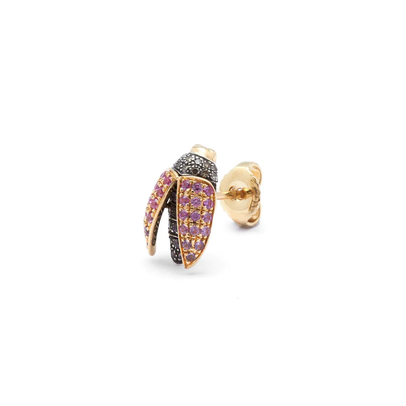 18k yellow open wing gold pink sapphire mini scarab stud earring by Bibi van der Velden Tiny Gods