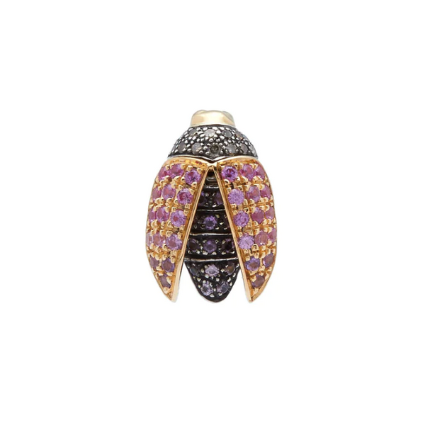 18k yellow gold mini scarab fly stud earrings with pink sapphires by Bibi Van Der Velden Tiny Gods