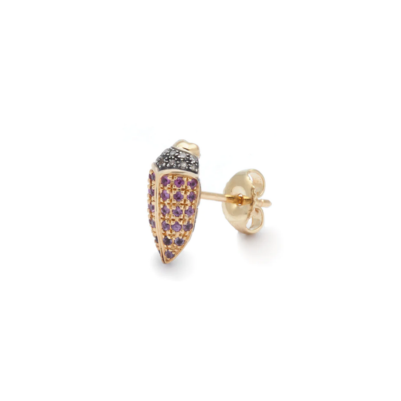 18k yellow gold pink sapphire mini scarab stud earring by Bibi van der Velden Tiny Gods