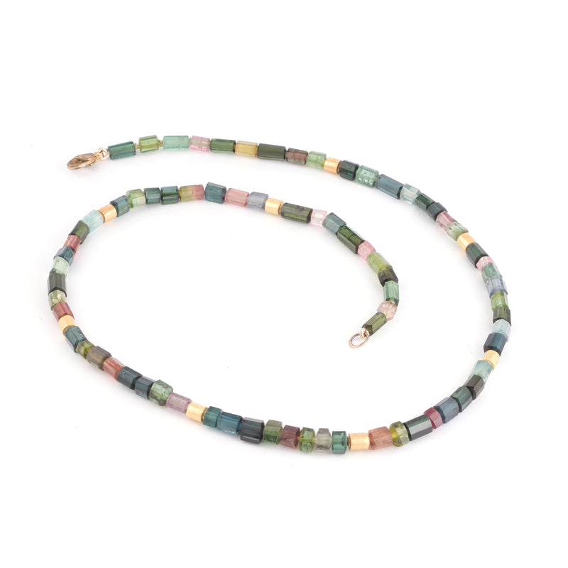 18k yellow gold multicolored mixed tourmaline and gold bead necklace by Sylva & Cie Tiny Gods