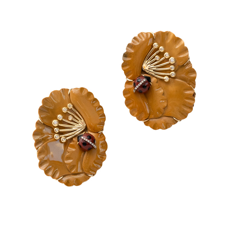 18k yellow gold carved mokaite jasper flower leaf earrings with ladybugs and diamonds by Silvia Furmanovich Tiny Gods