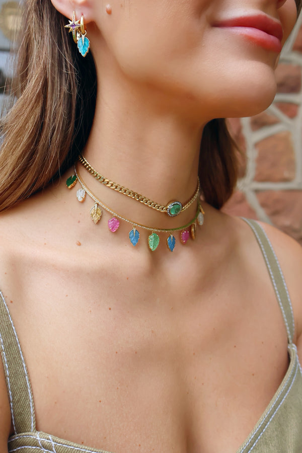 18k yellow gold shiso sapphire pink green leaf choker necklace by Venyx tiny Gods