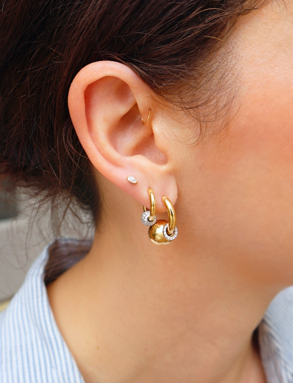 14k yellow and white gold nano piercing earrings with diamond ball by Rainbow K Tiny gods