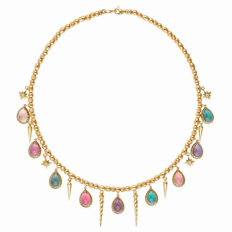 18k yellow gold narwal multicolored tourmaline and diamond drop charm necklace by Venyx Tiny Gods