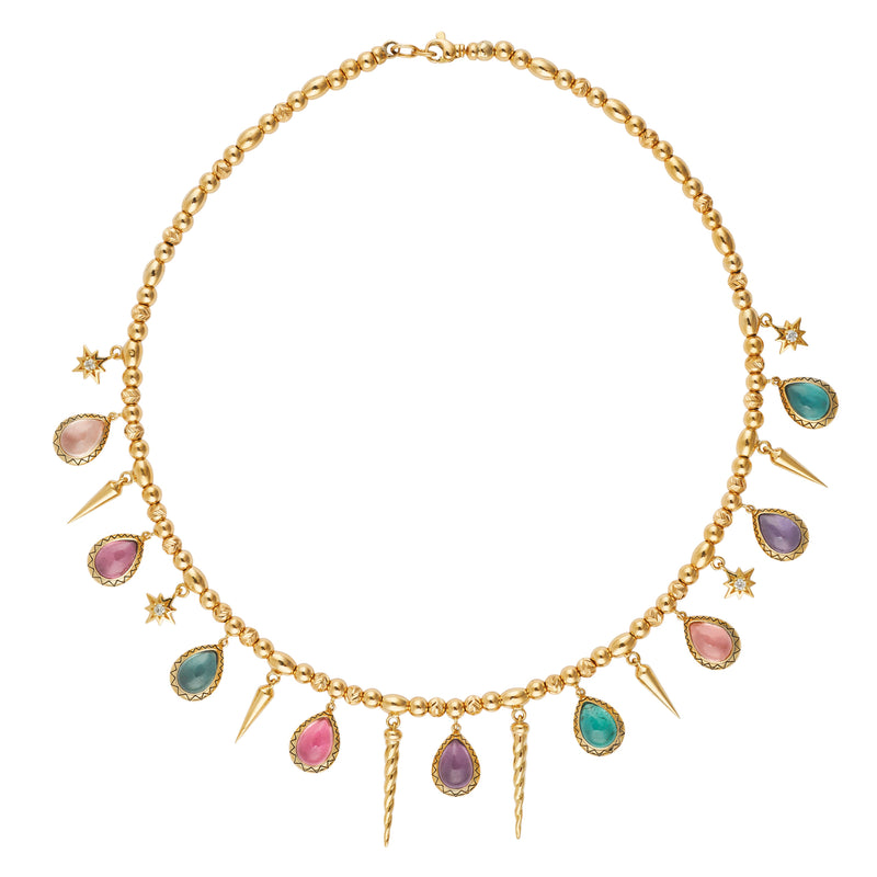 18k yellow gold narwal multicolored tourmaline and diamond drop charm necklace by Venyx Tiny Gods