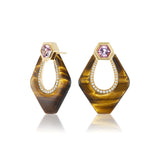 18k yellow gold tigers eye nomad doorknocker earrings with pink spinel and diamonds by Sorellina Tiny Gods