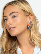 18k yellow gold obi leaf brown marquetry fan earrings with diamonds and orange coral by Silvia Furmanovich Tiny Gods